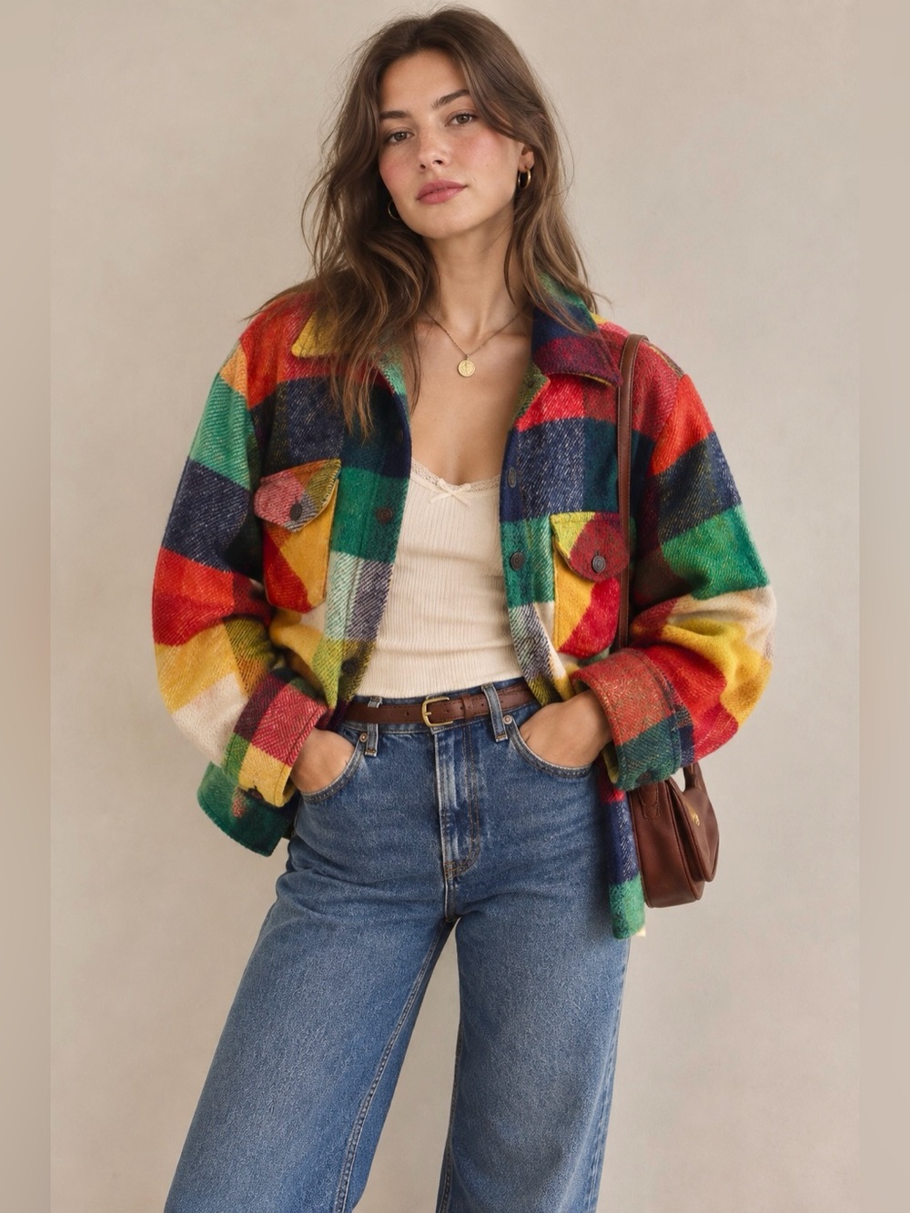 Multicolor Check Wool Vintage Sweater Jacket - Women's Small